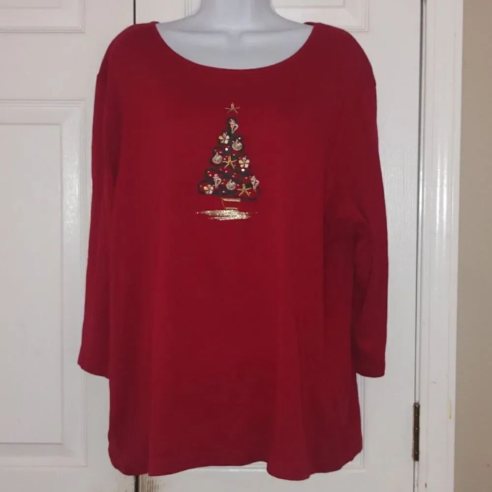 Karen Scott Christmas Tree holiday seashell ornaments 3/4th sleeve length Sz 2X